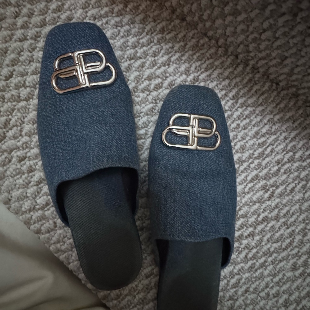 Balenciaga Denim Mules with Silver Logo